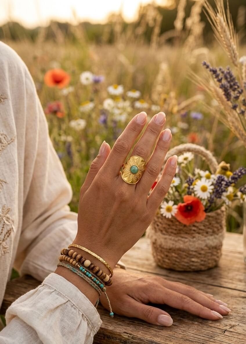 Bague Pierre Naturelle Réglable Acier Inoxydable Femme Artisanale France - Bijoux Joséphine