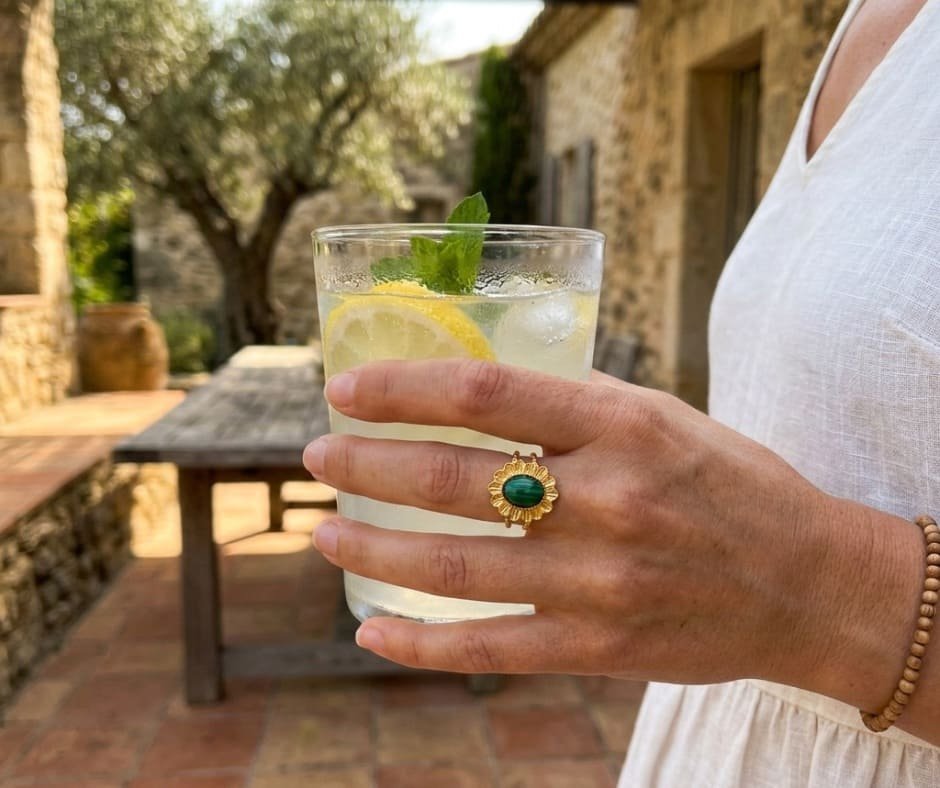 Bague Fleur Pierre Naturelle Réglable Acier Inoxydable Femme Fait Main France - Bijoux Joséphine
