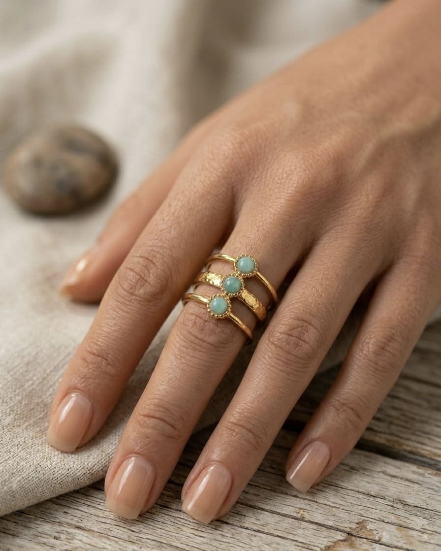 Bague Réglable 3 Pierres Naturelles Acier Inoxydable Femme Artisanale France - Bijoux Joséphine