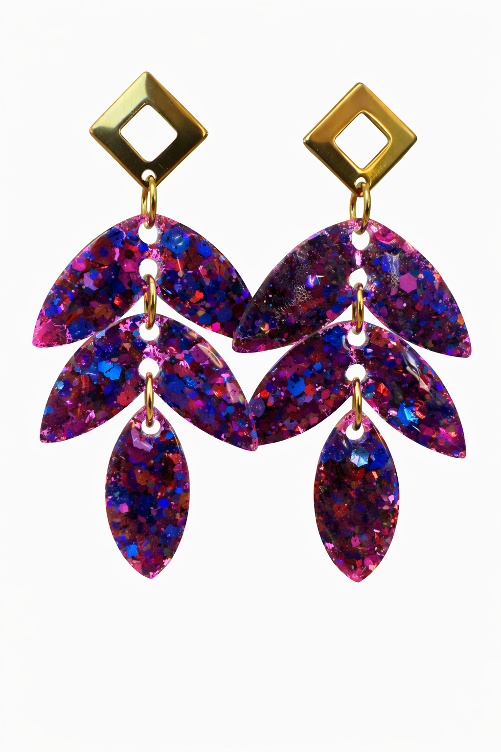 Boucles d'Oreilles Solaires Résine Paillettée Acier Inoxydable Femme Fait Main France - Bijoux Joséphine