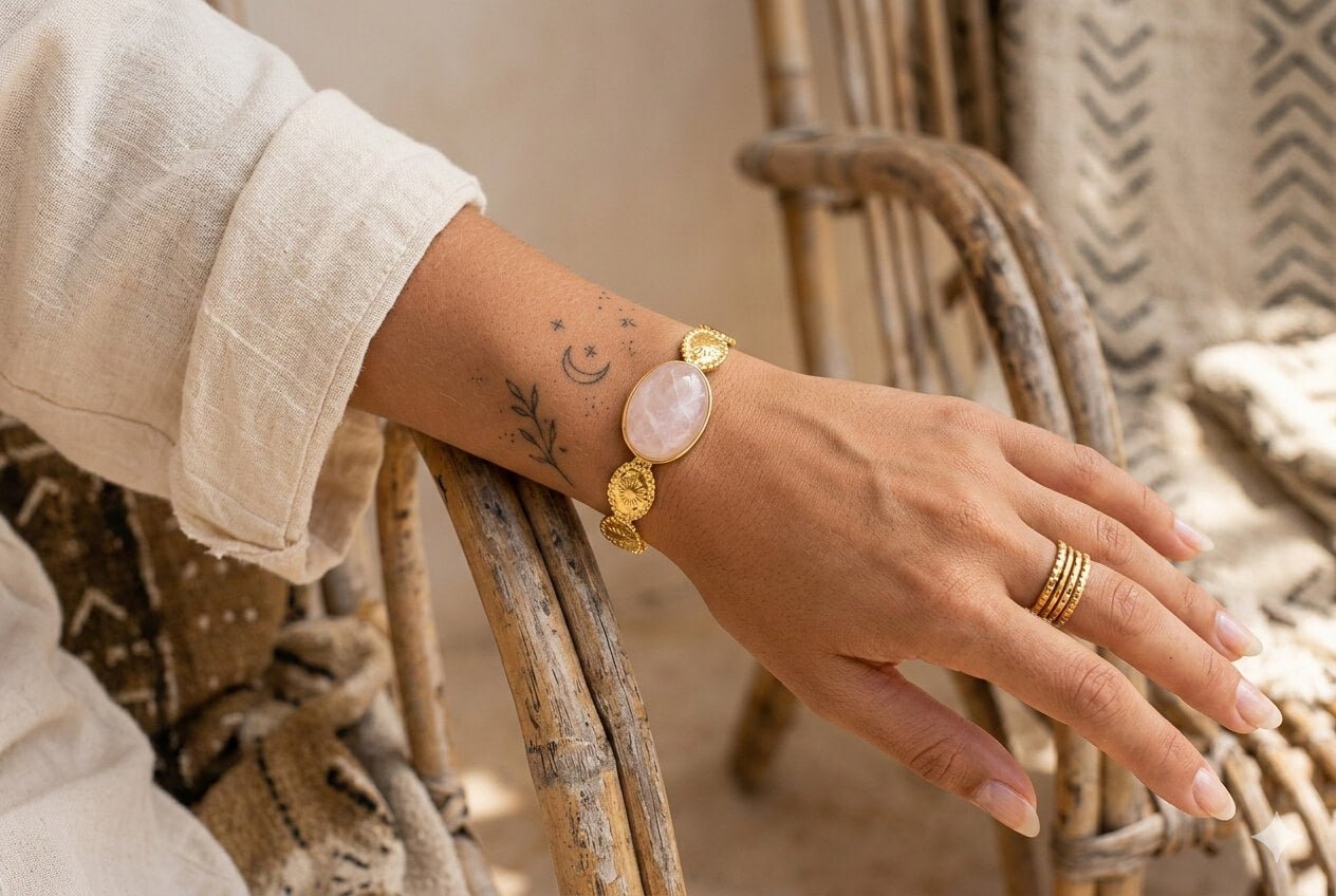 Jonc Bracelet Ethnique Pierre Naturelle Réglable Acier Doré Femme Fait Main France - Bijoux Joséphine