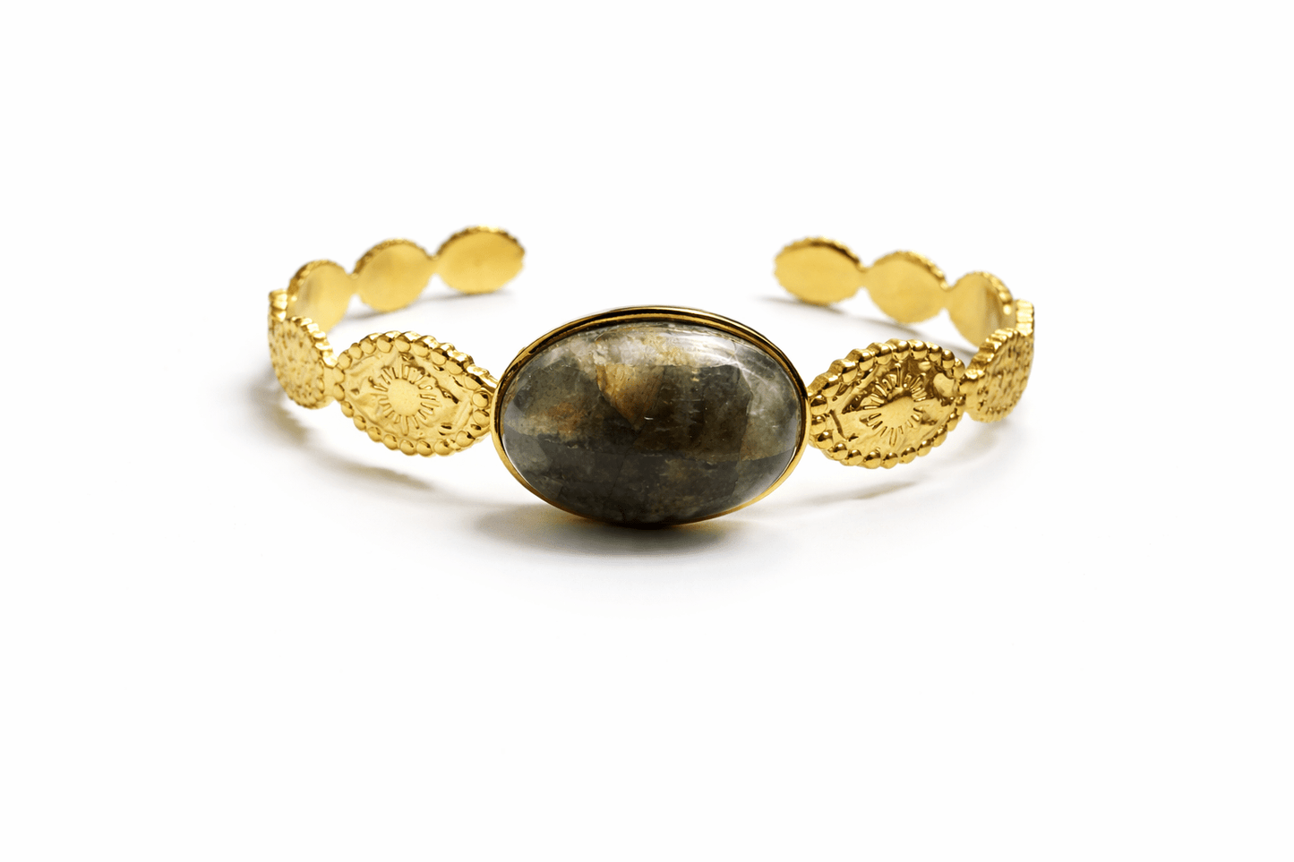 Jonc Bracelet Ethnique Pierre Naturelle Réglable Acier Doré Femme Fait Main France - Bijoux Joséphine