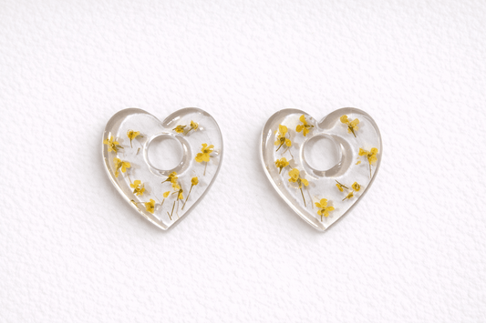 Pampilles Fleurs Séchées Cœur Jaune Interchangeables Résine Boucles d'Oreilles Modulables Fait Main France - Bijoux Joséphine