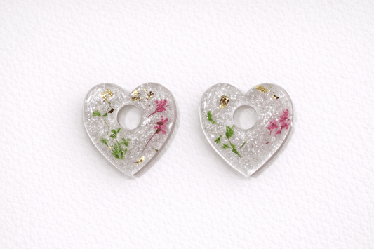Pampilles fleurs séchées cœur opaline rose vert - Boucles d'oreilles interchangeables résine fait main France
