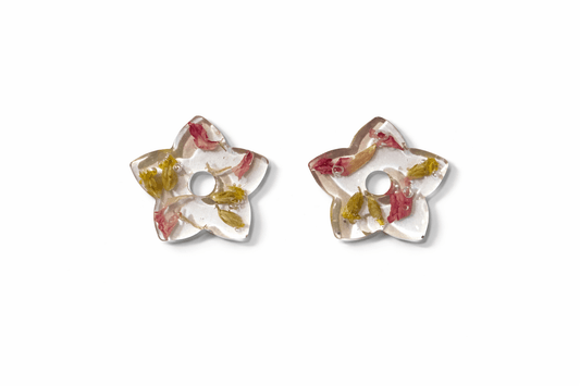 Pampilles fleurs séchées étoile jaune rose - Boucles d'oreilles interchangeables résine fait main France