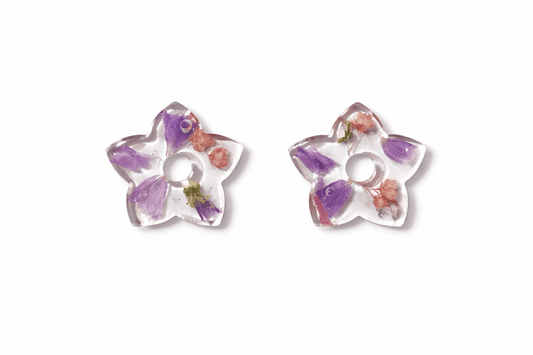 Pampilles fleurs séchées étoile rose violet - Boucles d'oreilles interchangeables résine fait main France