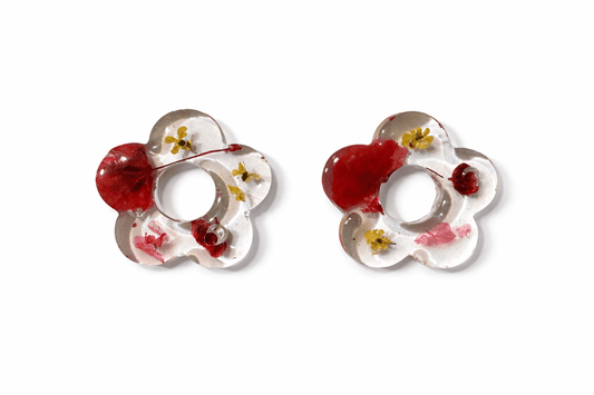 Pampilles fleurs séchées jaune rouge - Boucles d'oreilles interchangeables résine fait main France