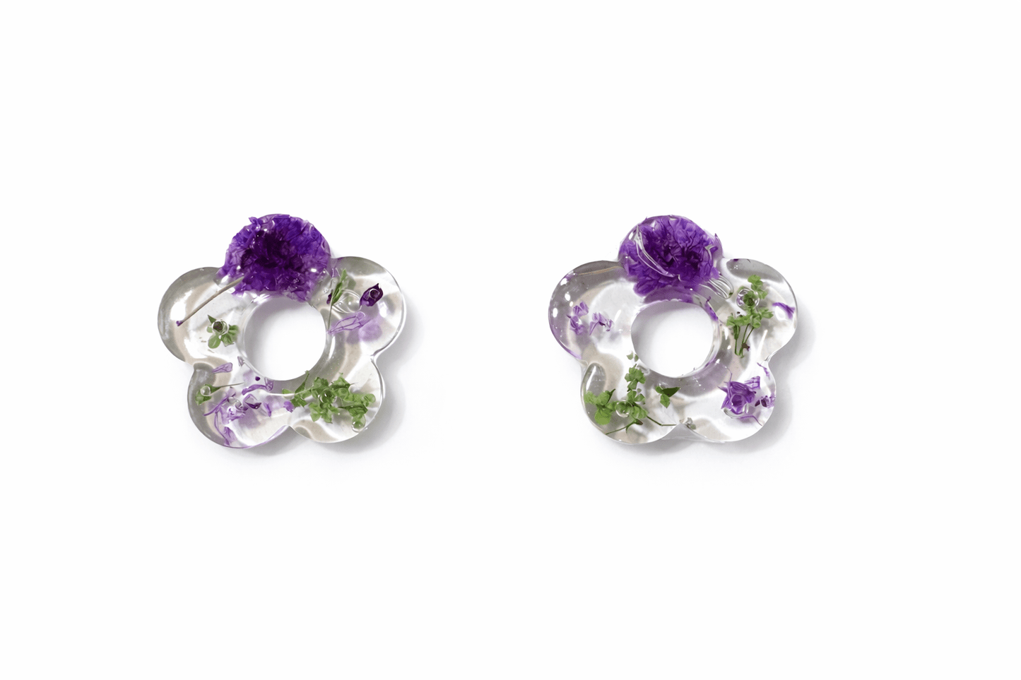 Pampilles Fleurs Séchées Mauve Vert Interchangeables Résine Boucles d'Oreilles Modulables Fait Main France - Bijoux Joséphine