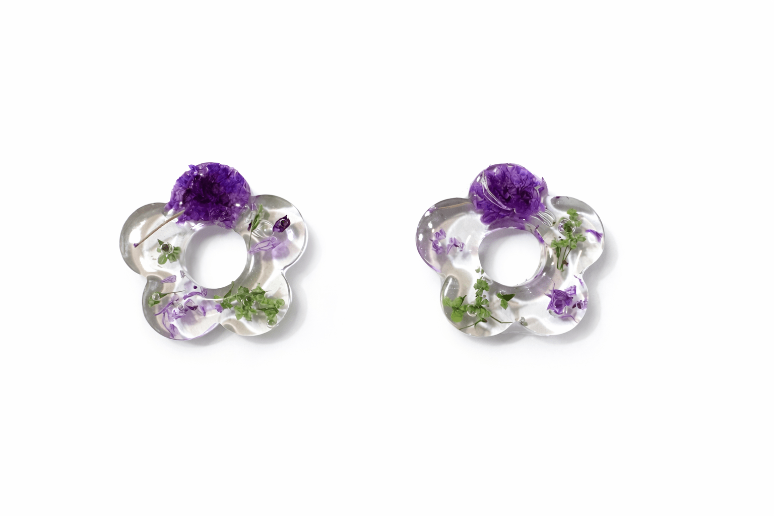 Pampilles Fleurs Séchées Mauve Vert Interchangeables Résine Boucles d'Oreilles Modulables Fait Main France - Bijoux Joséphine