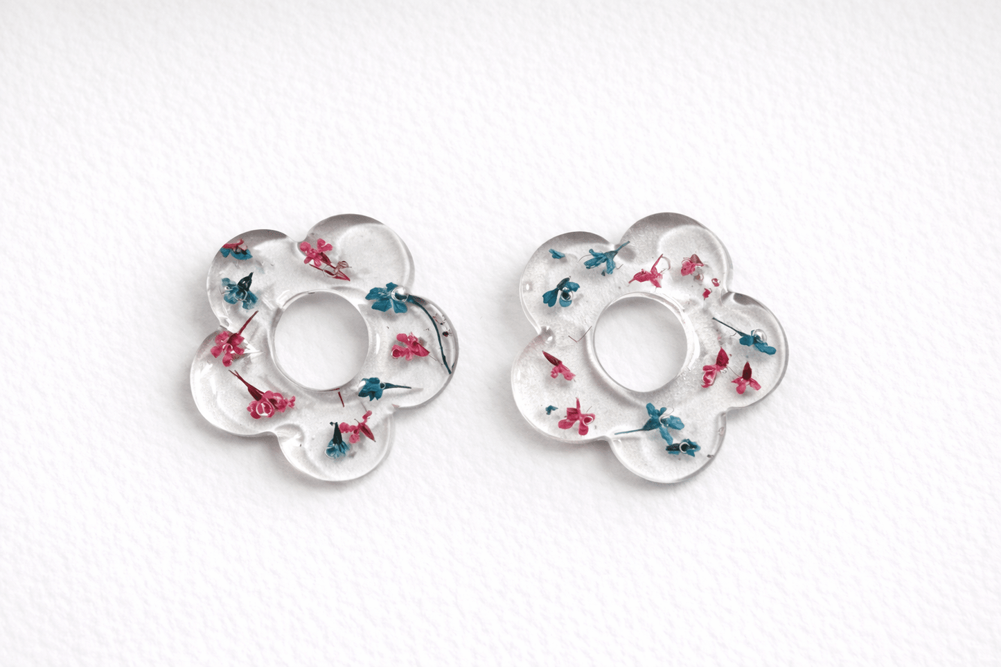 Pampilles fleurs séchées turquoise fuchsia - Boucles d'oreilles interchangeables résine fait main France