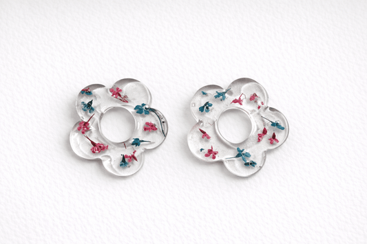 Pampilles fleurs séchées turquoise fuchsia - Boucles d'oreilles interchangeables résine fait main France